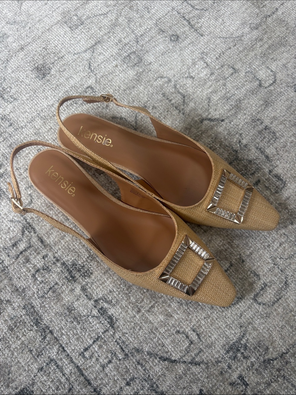 Kensie Tan Pointed Slingback Flats with Rhinestone Square Buckle